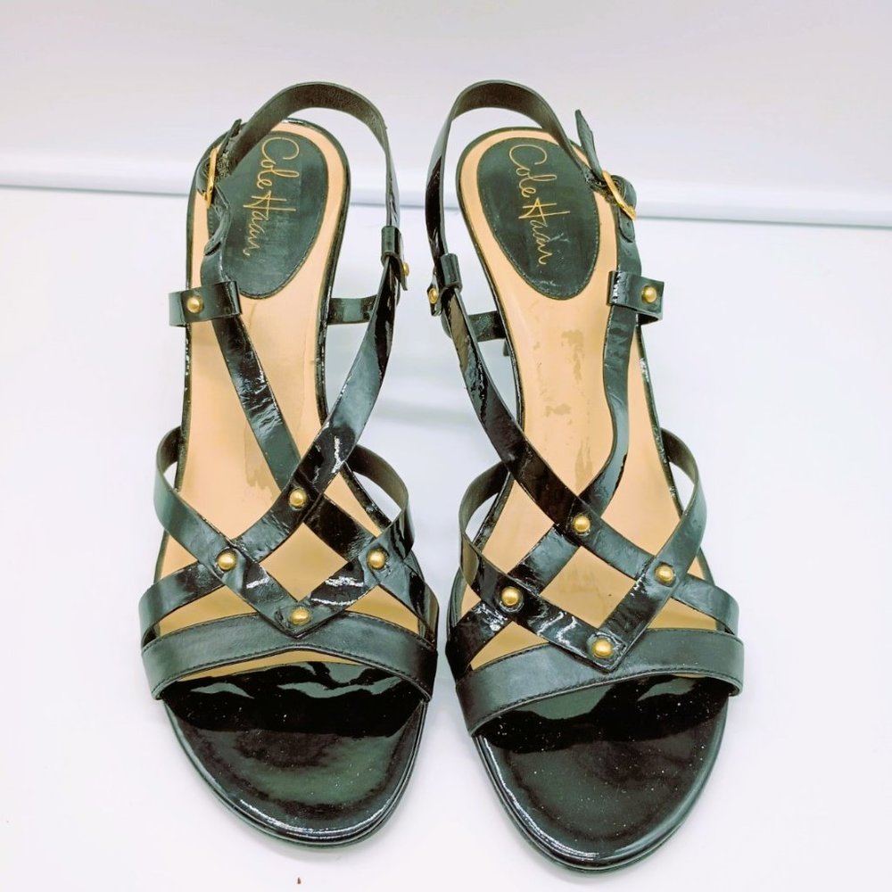Cole Haan Black Patent Leather Sandals 11AA  Studded Sling Back Strappy Heels